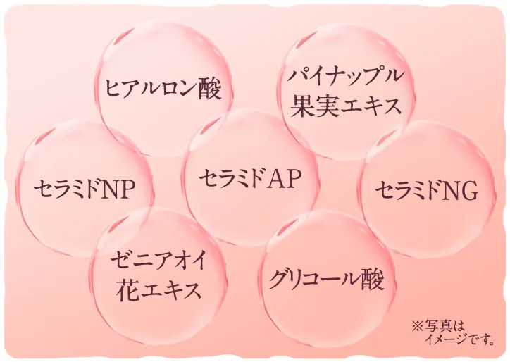 ヒアルロン酸、セラミドNP、セラミドAP、セラミドNG、パイナップル果実エキス、ゼニアオイ花エキス、グルコール酸
