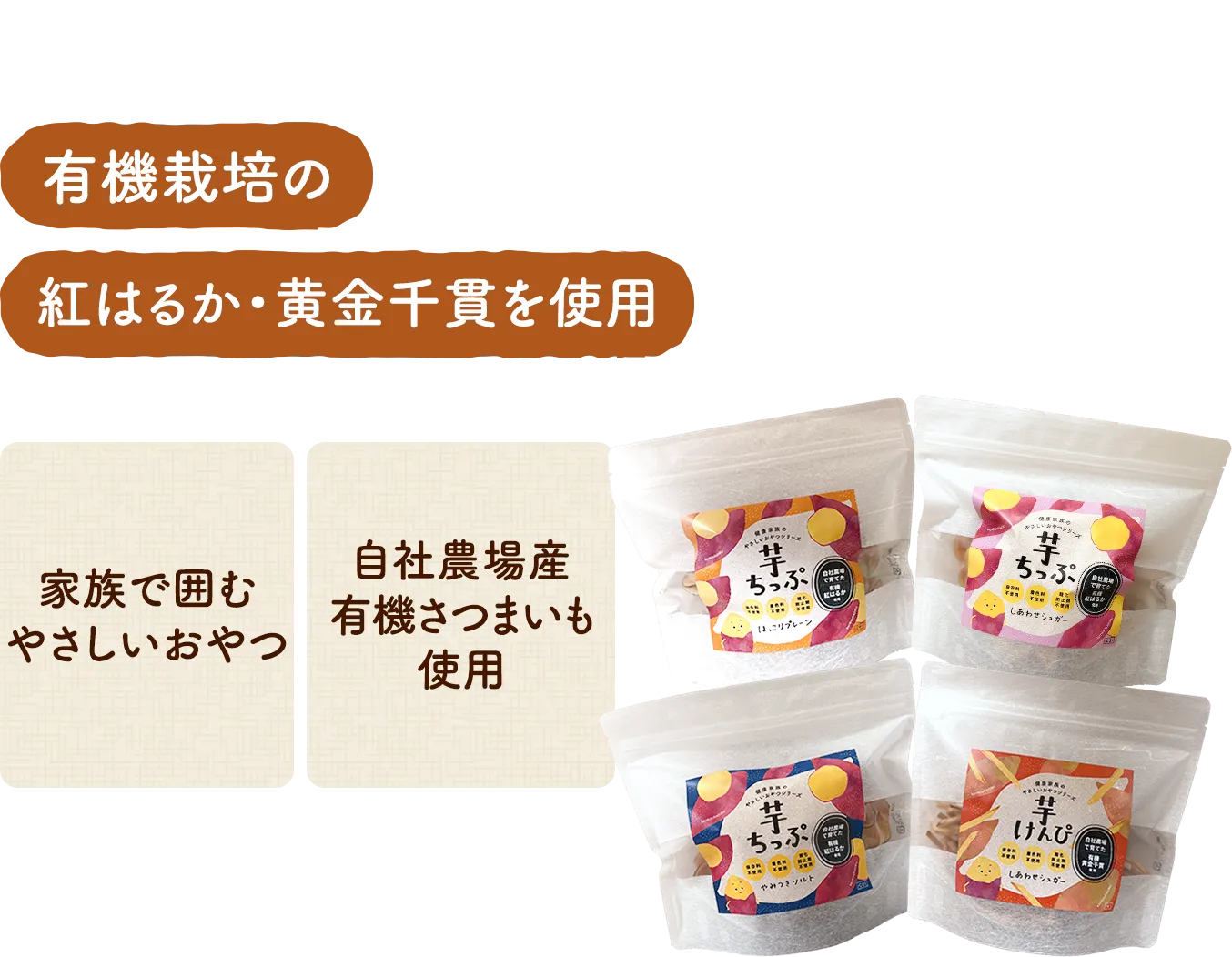 有機栽培の紅はるか・黄金千貫を使用 家族で囲むやさしいおやつ 自社農場産さつまいも使用