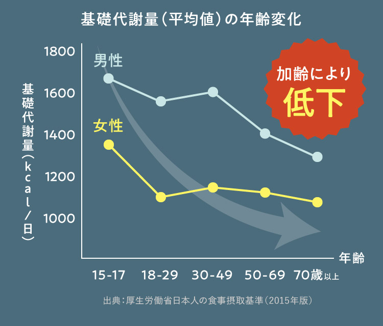 基礎代謝量(平均値)の年齢変化 加齢により低下