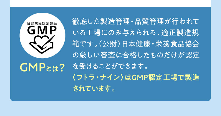 GMPとは？ 徹底した製造管理・品質管理が行われている工場にのみ与えられる、適正製造規範です。（公財）日本健康・栄養食品協会の厳しい審査に合格したものだけが認定を受けることができます。〈フトラ・ナイン〉はGMP認定工場で製造されています。