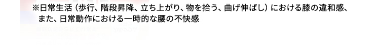 ※日常生活（歩行、階段昇降、立ち上がり、物を拾う、曲げ伸ばし）における膝の違和感、また、日常動作における一時的な腰の不快感