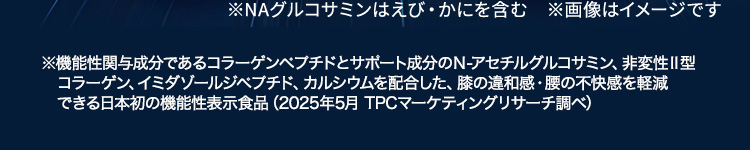 ※NAグルコサミンはえび・かにを含む ※画像はイメージです ※機能性関与成分であるコラーゲンペプチドとサポート成分のN-アセチルグルコサミン、非変性Ⅱ型コラーゲン、イミダゾールジペプチド、カルシウムを配合した、膝の違和感・腰の不快感を軽減できる日本初の機能性表示食品（2025年5月 TPCマーケティングリサーチ調べ）