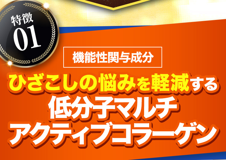 特徴01 機能性関与成分 ひざこしの悩みを軽減する低分子マルチアクティブコラーゲン