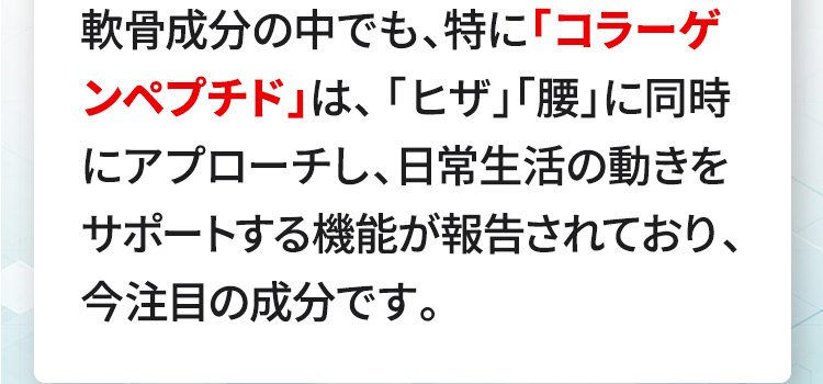 軟骨成分の中でも、特に「コラーゲンペプチド」は、「ヒザ」「腰」に同時にアプローチし、日常生活の動きをサポートする機能が報告されており、今注目の成分です。