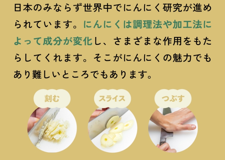 日本のみならず世界中でにんにく研究が進められています。にんにくは調理法や加工法によって成分が変化し、さまざまな作用をもたらしてくれます。そこがにんにくの魅力でもあり難しいところでもあります。刻む スライス つぶす