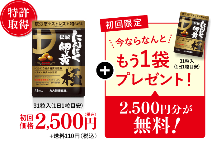 特許取得 31粒入(1日1粒目安) 初回価格2,500円（税込）+送料110円（税込）+ 初回限定今ならなんともう1袋プレゼント！ 2,500円分が無料！