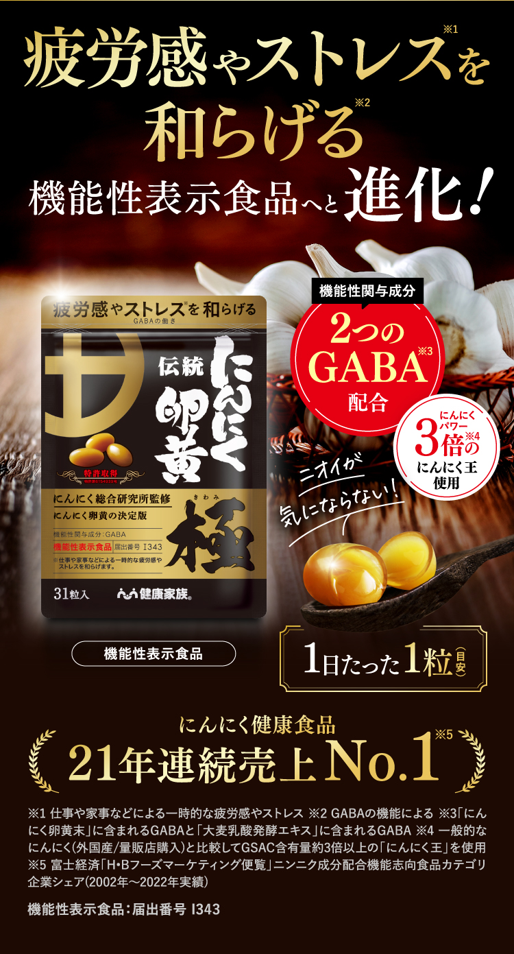 疲労感たストレスを和らげる 機能性表示食品へと進化！ 2つのGABA配合 1日たった1粒 にんにく健康食品21年連続売上No.1 ※1仕事や家事などによる一時的な疲労感やストレス※2GABAの機能による※3「にんにく卵黄末」に含まれるGABAと「大麦乳酸発酵エキス」に含まれるGABA※4一般的なにんにく(外国産/量販店購入)と比較してGSAC含有量約3倍以上の「にんにく王」を使用※5富士経済「H•Bフーズマーケティング便覧」ニンニク成分配合機能志向食品カテゴリ企業シェア(2002年〜2022年実績)機能性表示食品：届出番号I343