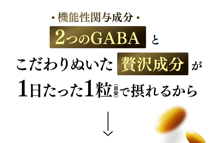 機能性関与成分2つのGABAとこだわりぬいた贅沢成分が1日たった1粒 で摂れるから