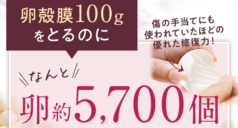 卵殻膜100gをとるのになんと卵約5,700個 傷の手当てにも使われていたほどの優れた修復力！