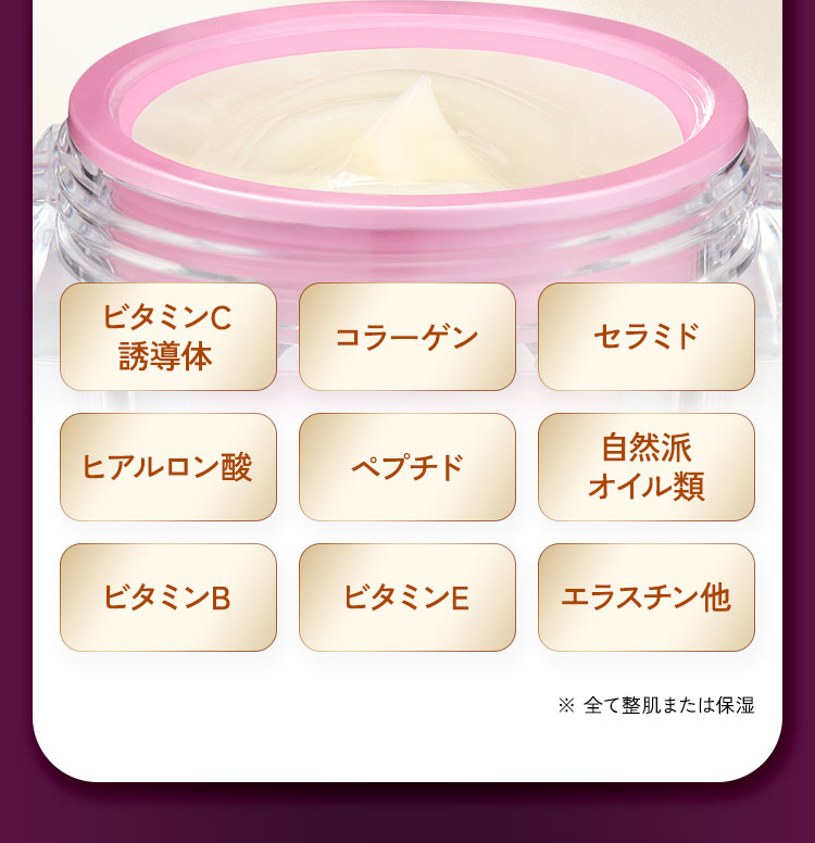 ビタミンC誘導体・コラーゲン・セラミド・ヒアルロン酸・ペプチド・自然派オイル類・ビタミンB・ビタミンE・エラスチン他