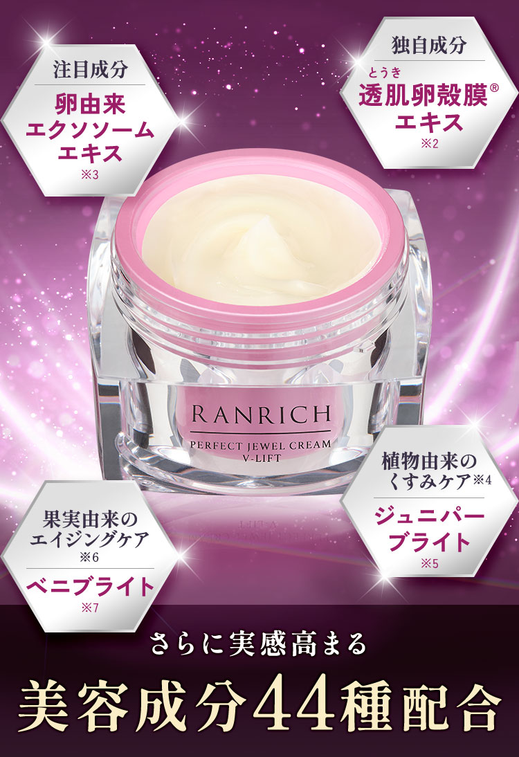 卵由来エクソソームエキス・透肌卵殻膜エキス・ベニブライト・ジュニパーブライト　さらに実感高まる美容成分44種配合