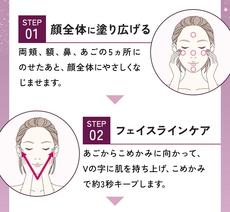 01.顔全体に塗り広げる　02.フェイスラインケア