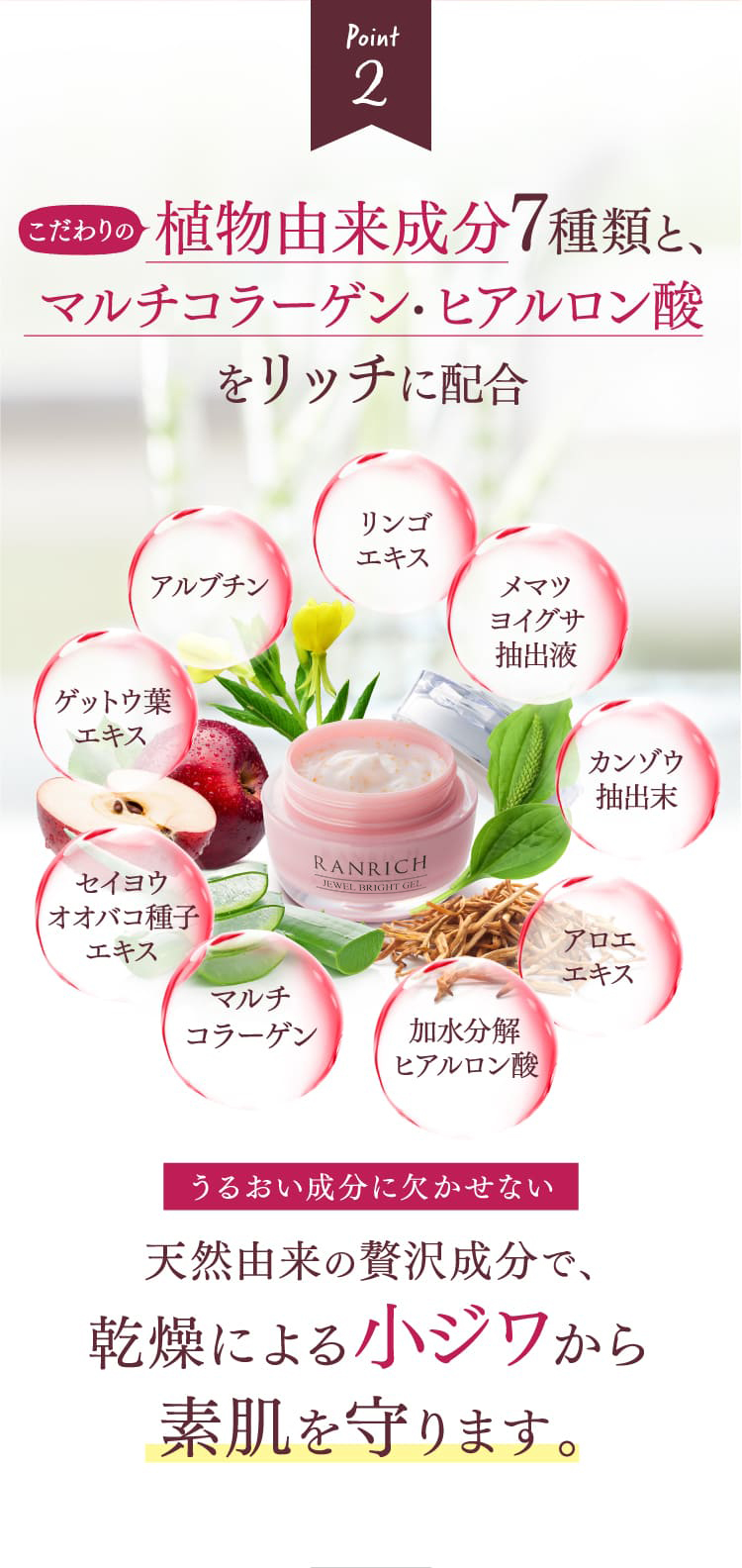 Point2 植物由来成分7種類と、マルチコラーゲン・ヒアルロン酸をリッチに配合