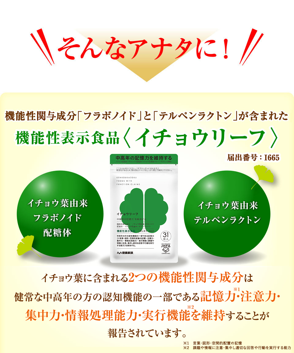 そんなアナタに！機能性成分「フラボノイド」と「テルペンラクトン」が含まれた機能性表示食品〈イチョウリーフ〉イチョウ葉由来フラボノイド配糖体 イチョウ葉由来テルペンラクトン イチョウ葉に含まれる２つの機能性関与成分は中高年の方の認知機能の一部である記憶力を維持することが報告されています。