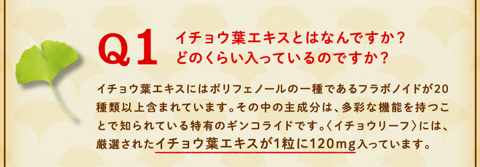 イチョウ葉エキスとはなんですか？どのくらい入っているのですか？イチョウ葉エキスにはポリフェノールの一種であるフラボノイドが20種類以上含まれています。その中の主成分は、多彩な機能を持つことで知られている特有のギンコライドです。〈イチョウリーフ〉には、厳選されたイチョウ葉エキスが1粒に120mg入っています。