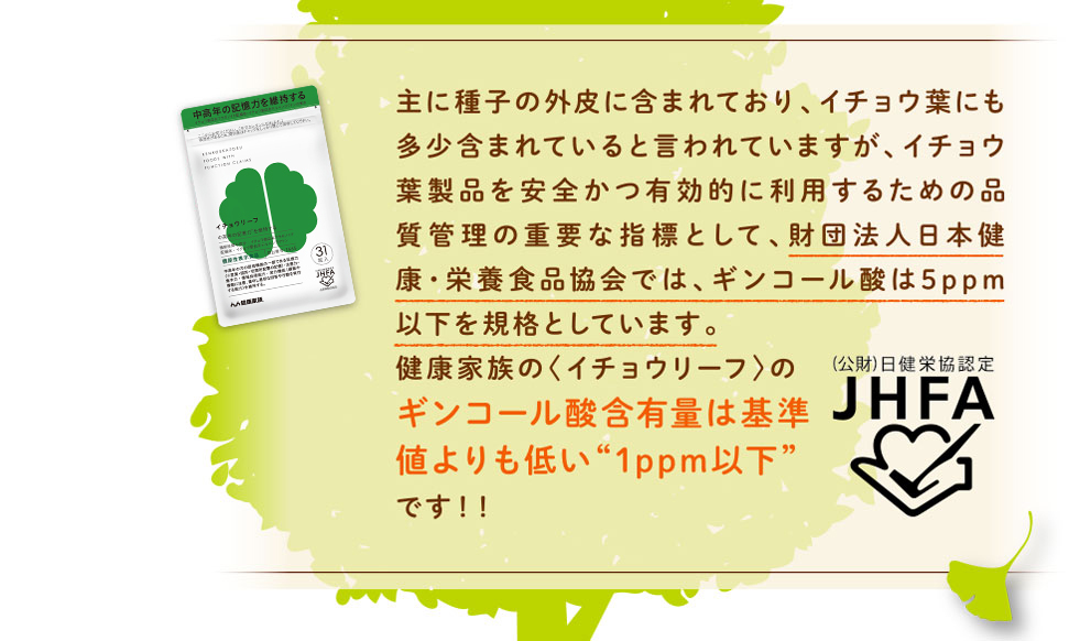 主に種子の外皮に含まれており、イチョウ葉にも多少含まれていると言われていますが、イチョウ葉製品を安全かつ有効的に利用するための品質管理の重要な指標として、財団法人日本健康・栄養食品協会では、ギンコール酸は5ppm以下を規格としています。健康家族の〈イチョウリーフ〉のギンコール酸含有量は基準値よりも低い“1ppm以下”です！！