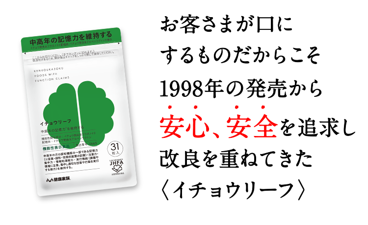 お客様が口にするものだからこそ 1998年の発売から安心、安全を追求し 改良を重ねてきたイチョウリーフ