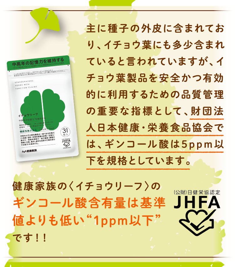 主に種子の外皮に含まれており、イチョウ葉にも多少含まれていると言われていますが、イチョウ葉製品を安全かつ有効的に利用するための品質管理の重要な指標として、財団法人日本健康・栄養食品協会では、ギンコール酸は5ppm以下を規格としています。健康家族の〈イチョウリーフ〉のギンコール酸含有量は基準値よりも低い“1ppm以下”です！！