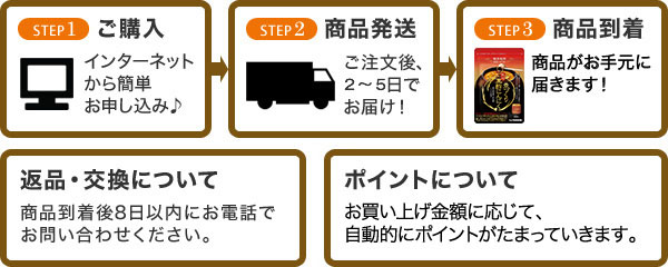 ［STEP1］ご購入　［STEP2］商品発送　［STEP3］商品到着　■返品・交換について　■ポイントについて