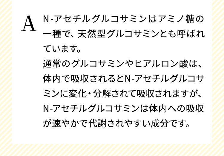 N-アセチルグルコサミンはアミノ糖の一種で、天然型グルコサミンとも呼ばれています。通常のグルコサミンやヒアルロン酸は、体内で吸収されるとN-アセチルグルコサミンに変化・分解されて吸収されますが、N-アセチルグルコサミンは体内への吸収が速やかで代謝されやすい成分です。