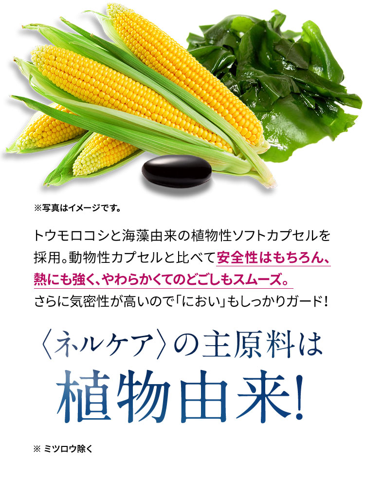 イメージ画像トウモロコシと海t藻由来の植物性ソフトカプセルを採用。動物性カプセルと比べて安全性はもちろん、熱にも強く、やわらかくてのどごしもスムーズ。さらに気密性が高いので「におい」もしっかりガード！