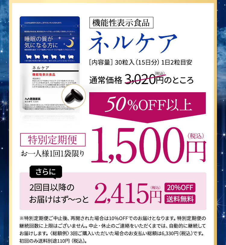 機能性表示食品　ネルケア「内容量」30粒入(15日分)1日2粒目安　通常価格3,000円（税込）50%OFF　特別価格　1,500円（税込）
