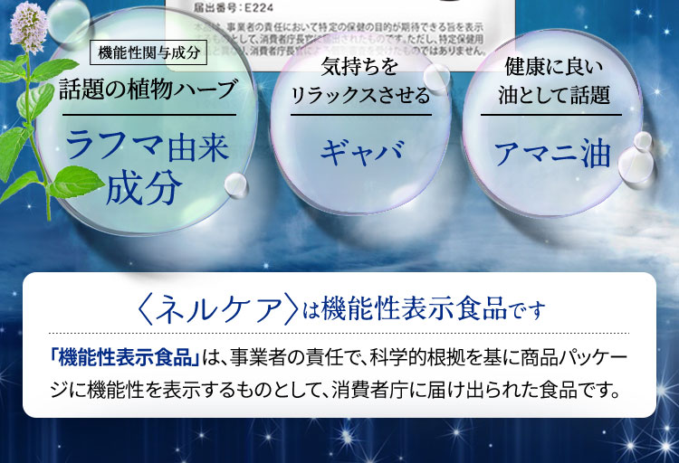 機能性関与成分　話題の植物ハーブ　ラフマ由来成分　気持ちをリラックスさせるギャバ　健康に良い油として話題　アマニ油　「機能性表示食品」は、
事業者の責任で、科学的根拠を基に商品パッケージに機能性を表示するものとして、消費者庁に届け出られた食品です。
