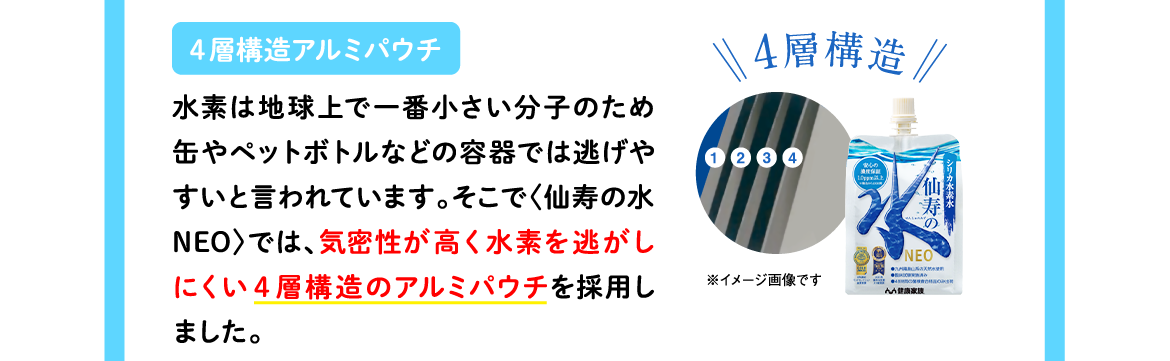 ４層構造アルミパウチ | 水素は地球上で一番小さい分子のため缶やペットボトルなどの容器では逃げやすいと言われています。そこで〈仙寿の水NEO〉では、気密性が高く水素を逃がしにくい４層構造のアルミパウチを採用しました。