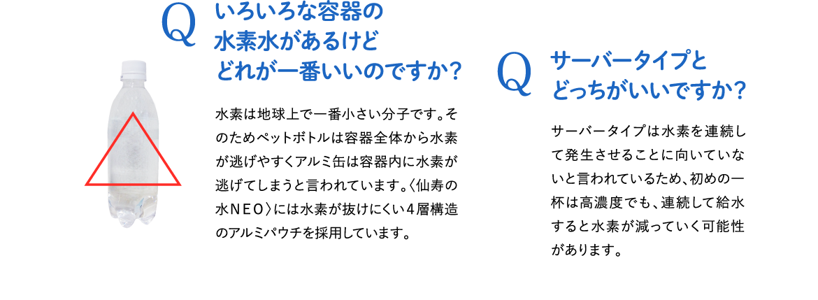 Q . いろいろな容器の水素水があるけどどれが一番いいのですか？ A . 水素は地球上で一番小さい分子です。そのためペットボトルは容器全体から水素が逃げやすくアルミ缶は容器内に水素が逃げてしまうと言われています。〈仙寿の水ＮＥＯ〉には水素が抜けにくい４層構造のアルミパウチを採用しています。 / Q . サーバータイプとどっちがいいですか？ A .サーバータイプは水素を連続して発生させることに向いていないと言われているため、初めの一杯は高濃度でも、連続して給水すると水素が減っていく可能性があります。