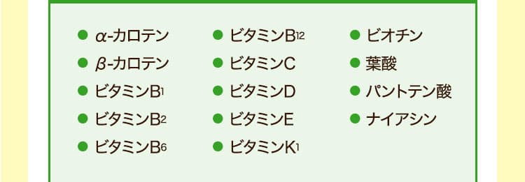 ● α-カロテン● β-カロテン● ビタミンB1● ビタミンB2● ビタミンB6● ビタミンB12● ビタミンC● ビタミンD● ビタミンE● ビタミンK1　● ビオチン● 葉酸● パントテン酸● ナイアシン　