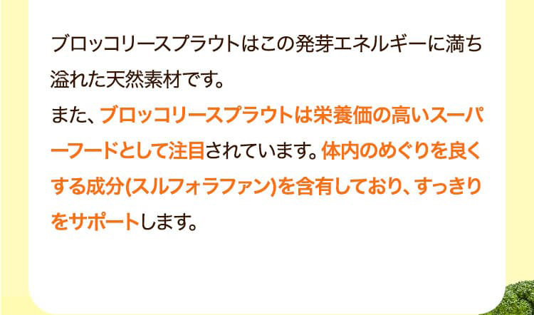 ブロッコリースプラウトはこの発芽エネルギーに満ち溢れた天然素材です。また、ブロッコリースプラウトは栄養価の高いスーパーフードとして注目されています。体内のめぐりを良くする成分(スルフォラファン)を含有しており、すっきりをサポートします。
