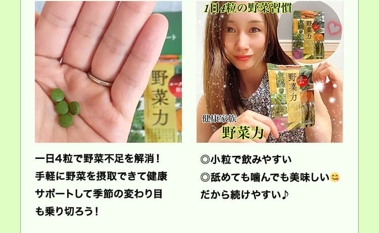 ・一日4粒で野菜不足を解消！手軽に野菜を摂取できて健康サポートして季節の変わり目も乗り切ろう！・◎小粒で飲みやすい◎舐めても噛んでも美味しいだから続けやすい♪