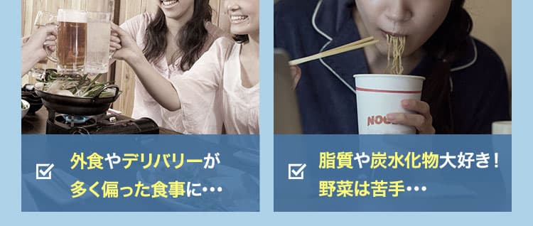 ・外食やデリバリーが多く偏った食事に･･･・脂質や炭水化物大好き！野菜は苦手･･･