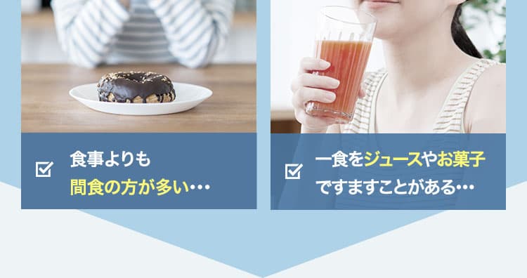 ・食事よりも間食の方が多い･･･・一食をジュースやお菓子ですますことがある･･･