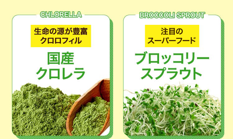 ・生命の源が豊富クロロフィル　国産クロレラ　・栄養価が高いスーパーフード　ブロッコリースプラウト