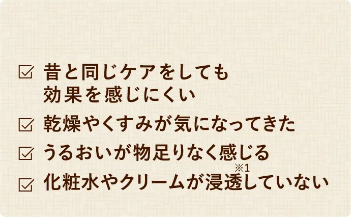 昔と同じケアをしても効果を感じにくい 乾燥やくすみが気になってきた うるおいが物足りなく感じる 化粧水やクリームが浸透していない