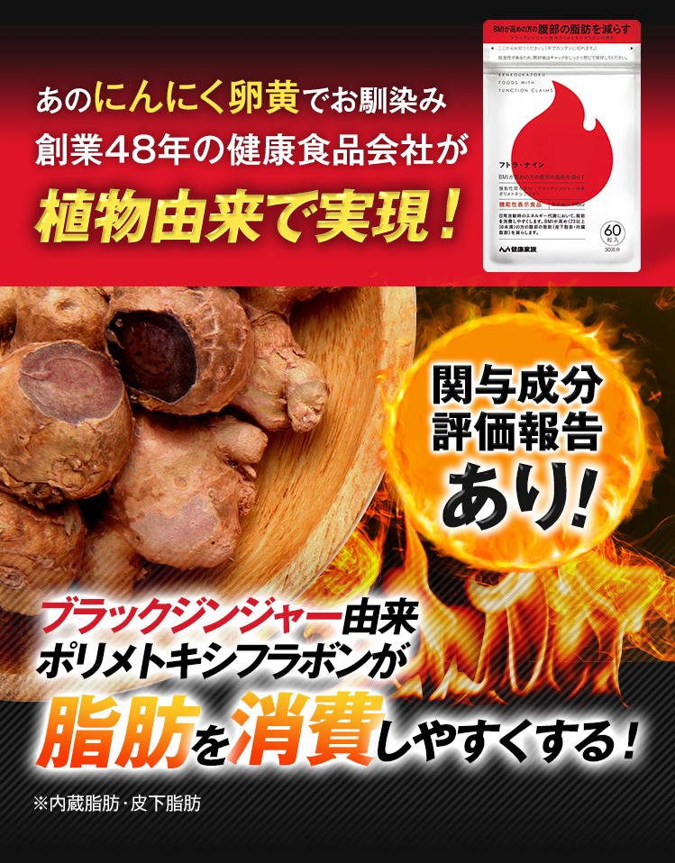 あのにんにく卵黄でお馴染み創業47年の健康食品会社が植物由来で実現！ブラックジンジャー由来ポリメトキシフラボンが脂肪を消費しやすくする！