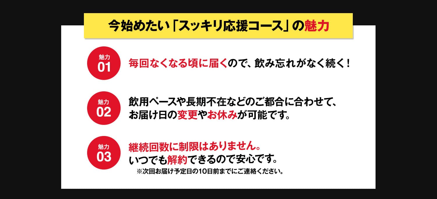 魅力01_毎回なくなる頃に届くので 飲み忘れがなく続く！魅力02_お飲みになるペースやご旅行による長期のご不在などお届け日の変更やお休みはご都合にあわせて変更できます。魅力03_継続回数に制限はありません。いつでも解約できるので安心です。