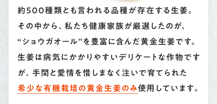 約500種類とも言われる品種が存在する生姜。その中から、私たち健康家族が厳選したのが、ぽかぽかぽか成分“ショウガオール”を豊富に含んだ黄金生姜です。生姜は病気にかかりやすいデリケートな作物ですが、「安心・安全」を追求し、農薬を使わず、手間と愛情を惜しみなく注いで育てられた希少な黄金生姜のみを使用しています。