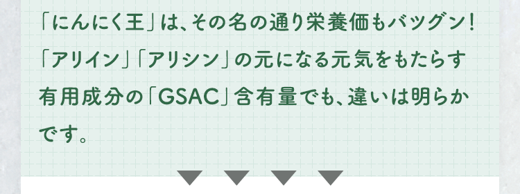 有機にんにく「にんにく王」は、その名の通り栄養価もバツグン！元気をもたらす有用成分の「アリイン」「アリシン」の元になる「GSAC」含有量でも、違いは明らかです！！