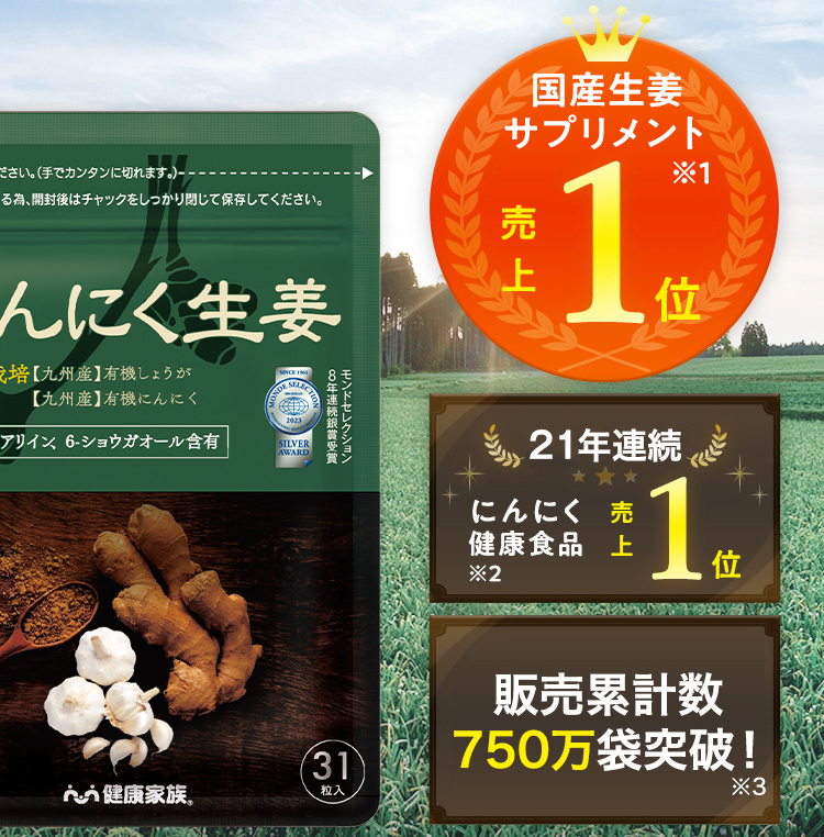 国産生姜サプリメント売上1位 ※1。16年連続にんにく健康食品売上1位 ※2。楽天ランキング総合・健康サプリなど5冠達成 ※3。