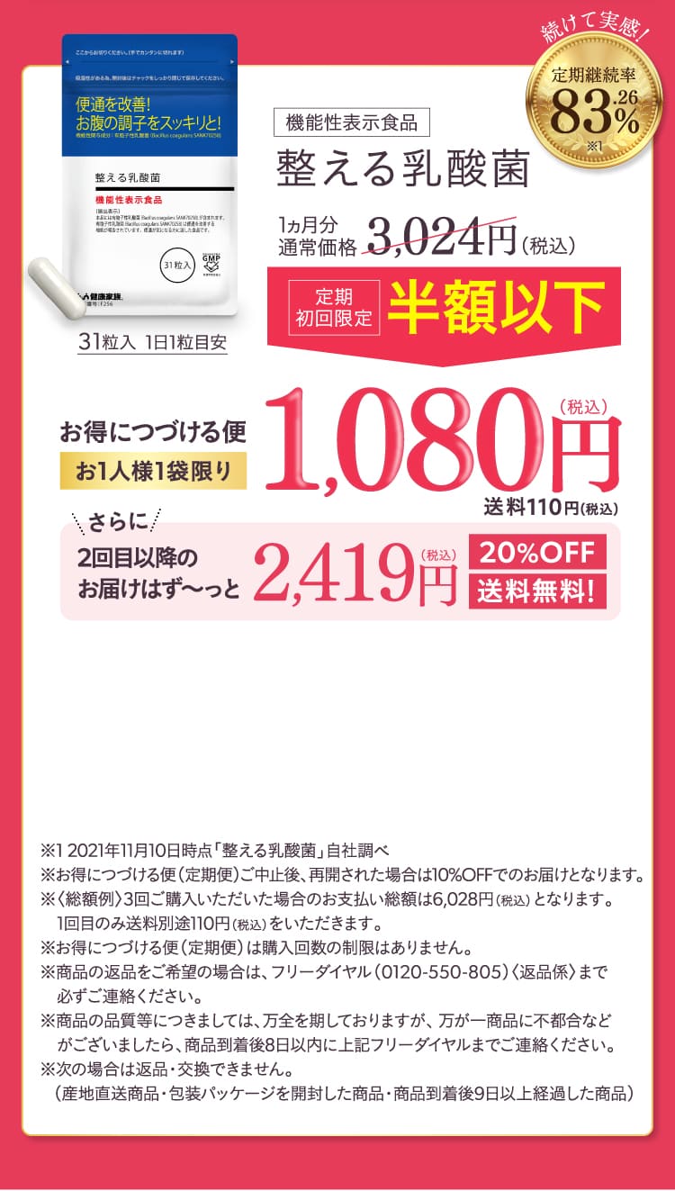 整える乳酸菌 定期初回限定半額以下 1,080円（税込）